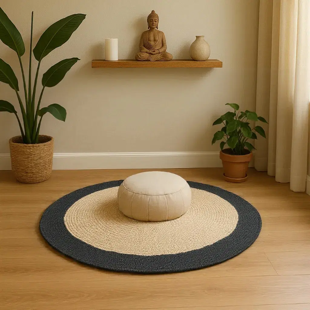 Round banana fiber Rug with black outline
